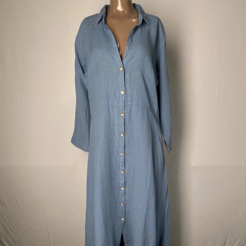 NEW ROAD TO NOWHERE Puglia Linen Maxi Dress • Size L • Chambray Blue • Button-Up
